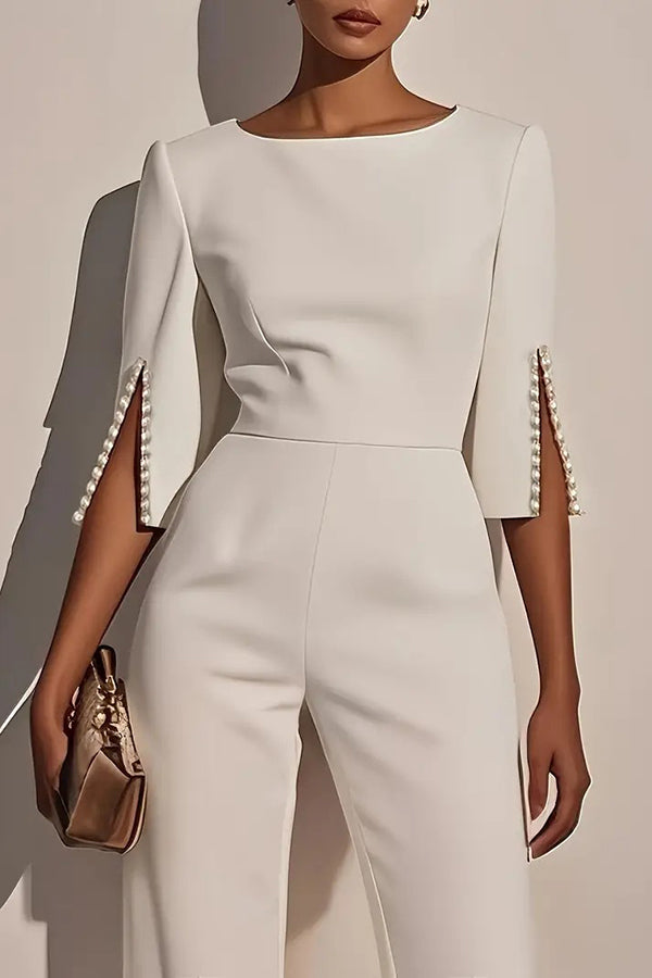 Beaded Round Neck Slim Fit Jumpsuit – Half Sleeve