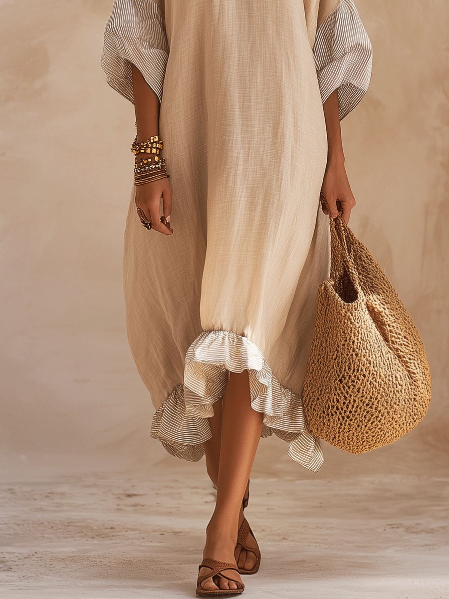 Beige Kaftan Midi Dress | Relaxed Fit Coastal Style