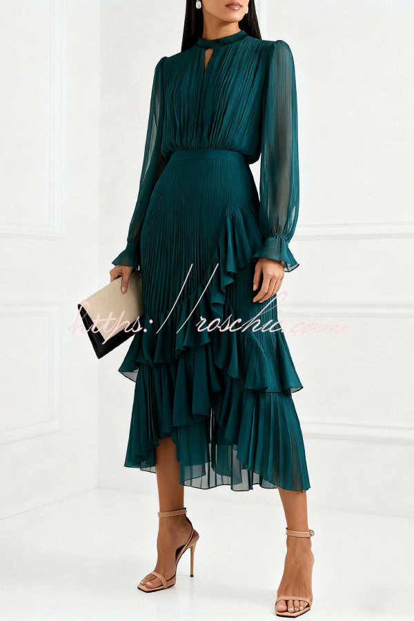 Ruffle Midi Dress Long Sleeve Round Neck Fitted Waist