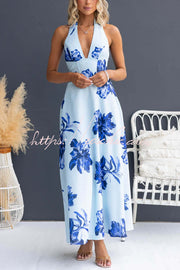 Robe longue dos nu à imprimé floral et col licou