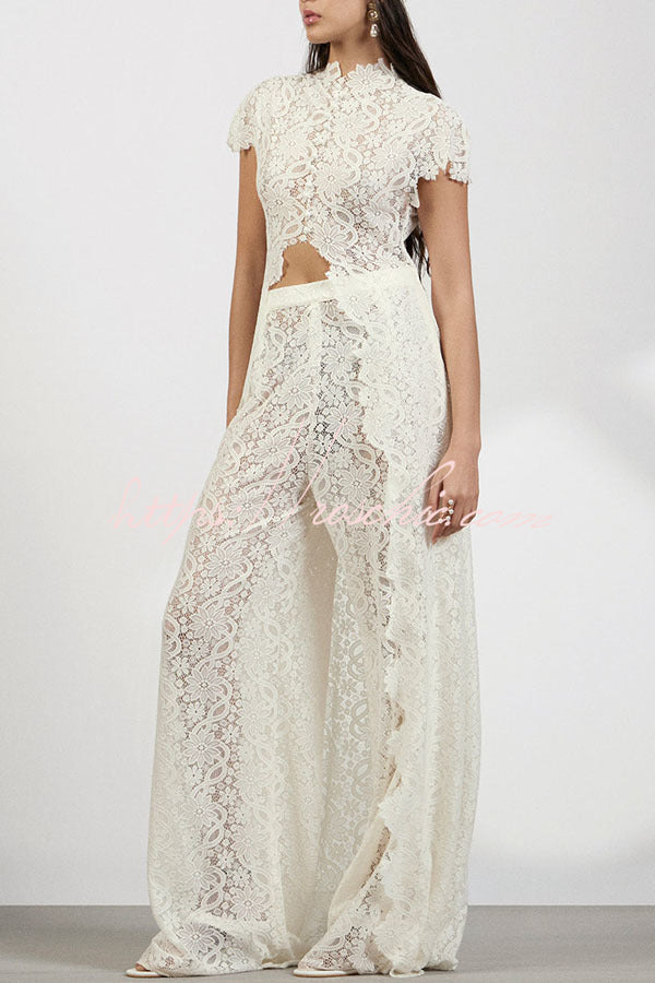 Floral Lace Two-Piece High Neck Top and Wide Leg Pants Set