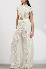 Floral Lace Two-Piece High Neck Top and Wide Leg Pants Set