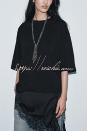 Lace Hem Loose Fit Round Neck Short Sleeve T-Shirt