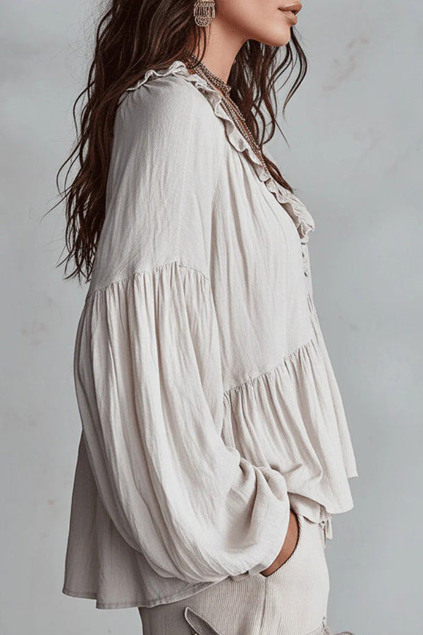V-Neck Puff Sleeve Loose Top with Ruffle Detail