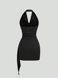 Women's Fashion Solid Color Ruched Halter Fit Dress, Casual Office Wear, Elegant Backless Design, Perfect for Daily Wear, Stylish, Chic and Comfortable Dress