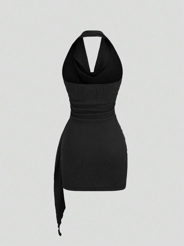 Women's Fashion Solid Color Ruched Halter Fit Dress, Casual Office Wear, Elegant Backless Design, Perfect for Daily Wear, Stylish, Chic and Comfortable Dress