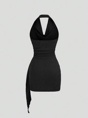 Women's Fashion Solid Color Ruched Halter Fit Dress, Casual Office Wear, Elegant Backless Design, Perfect for Daily Wear, Stylish, Chic and Comfortable Dress