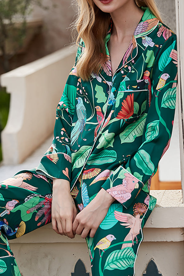 Green Parrot Print Long Sleeve Two-Piece Lounge Set