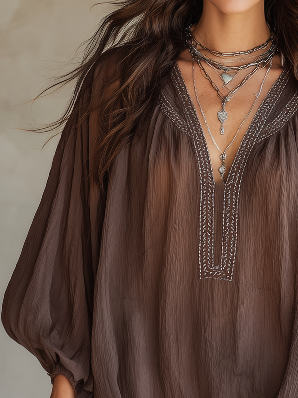 Bohemian Embroidered Long Sleeve Blouse Set in Brown