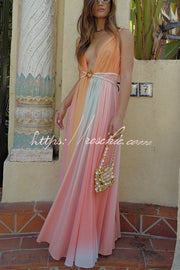 Chiffon Ombré Print Belted Vacation Maxi Dress