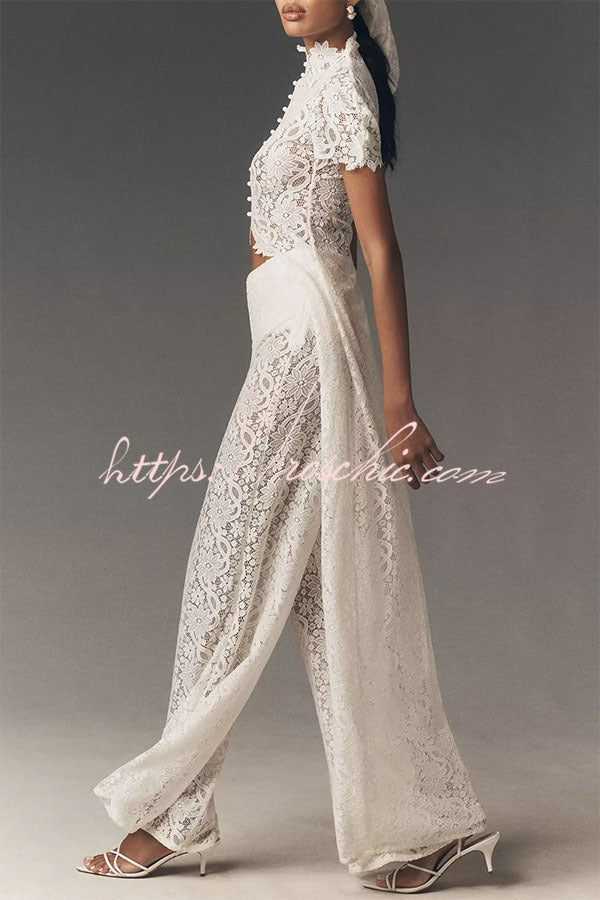Floral Lace Two-Piece High Neck Top and Wide Leg Pants Set