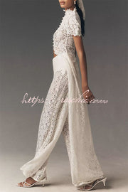 Floral Lace Two-Piece High Neck Top and Wide Leg Pants Set