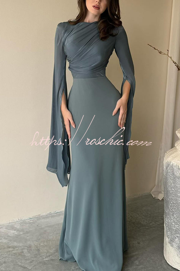 Ruched Organza Satin Patchwork Maxi Dress with Bell Sleeves