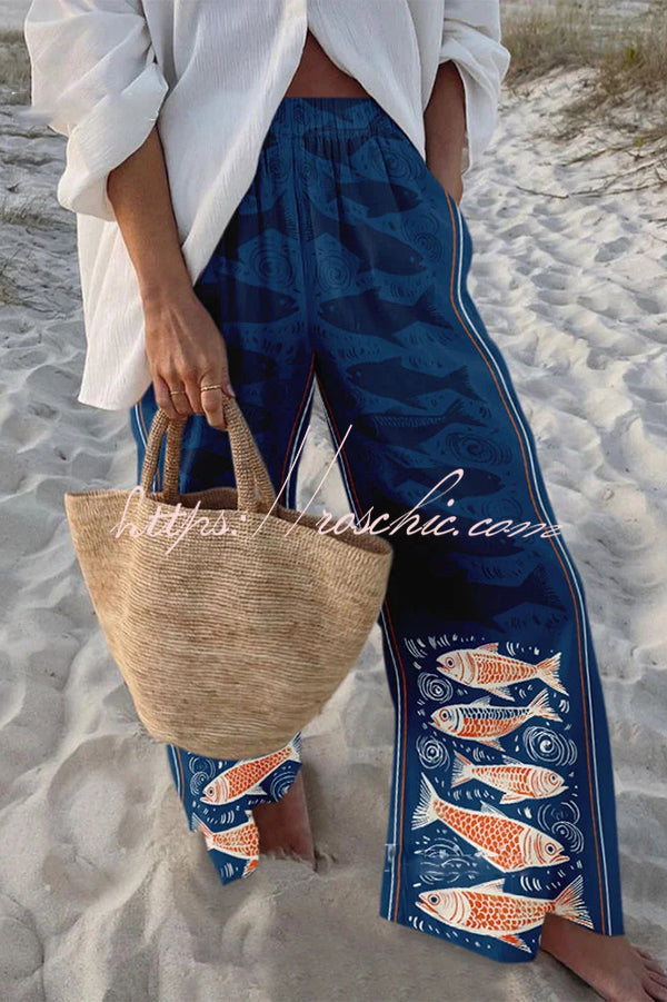 Marine Print Elastic Waist Loose Pants with Pockets