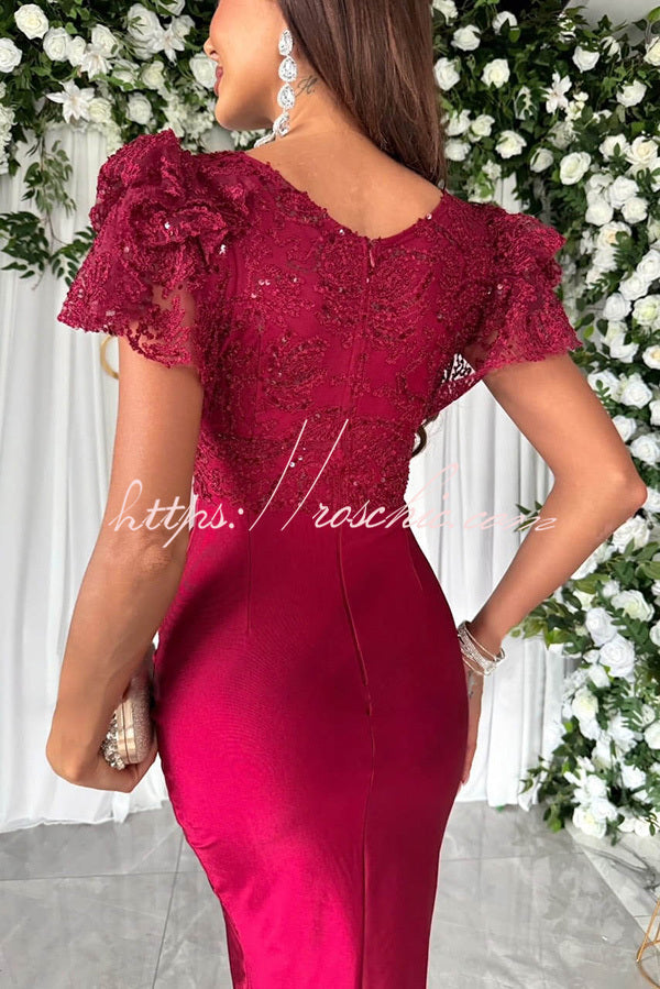 Lace & Satin Patchwork Ruffle Sleeve Ruched Midi Dress