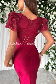 Lace & Satin Patchwork Ruffle Sleeve Ruched Midi Dress