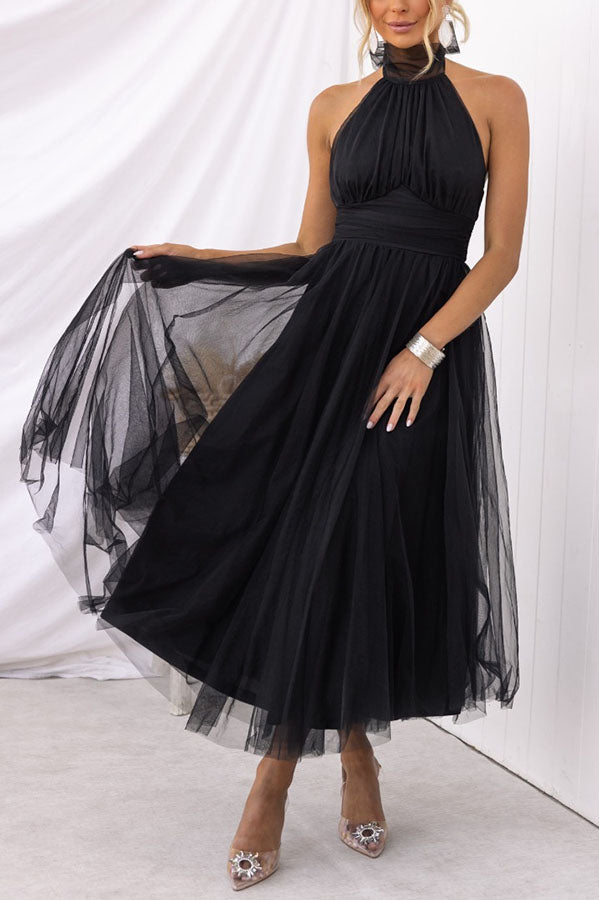 Tulle Halter Maxi Dress with Gathered Detail
