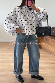 Polka Dot Turtleneck Blouse with Balloon Sleeves & Back Slit