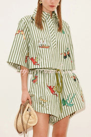 Linen Blend Striped Short Sleeve Shirt & Shorts Set