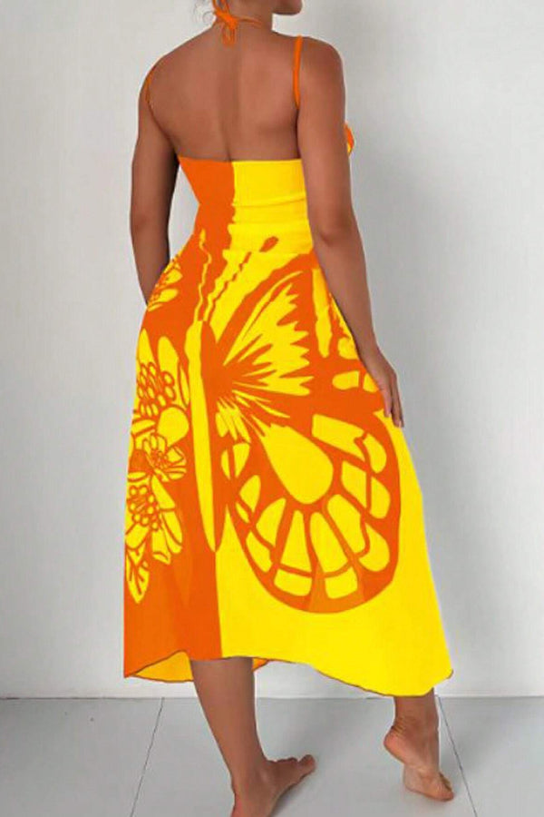 Butterfly Print Color-Block Midi Dress – Resort Cover-Up