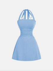 Women's Plain Ruched Tie Back Halter Dress, Casual Chic Sleeveless A Line Short Dress for Summer, Ladies Clothes for Daily Wear