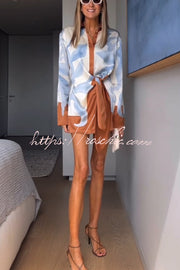 Satin Colorblock Tie-Up Shirt Mini Dress | Long Sleeve