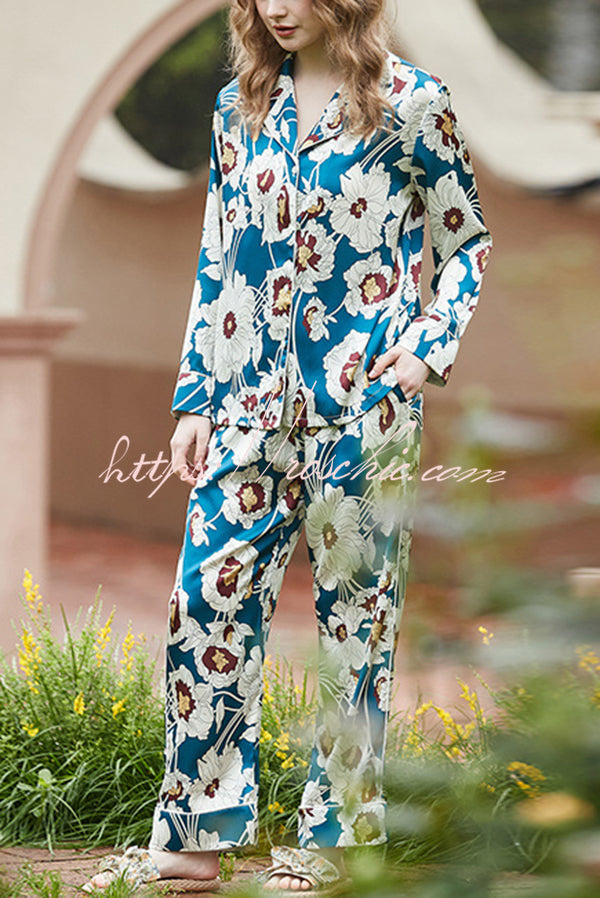 Blue & White Floral Print Long Sleeve Two-Piece Set