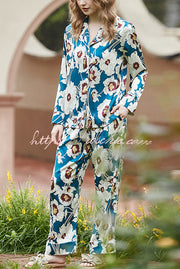 Blue & White Floral Print Long Sleeve Two-Piece Set