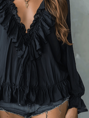 Ruffle Trim V-Neck Long Sleeve Black Blouse