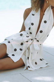 Linen Blend Polka Dot Halter Vest & Shorts Set with Belt