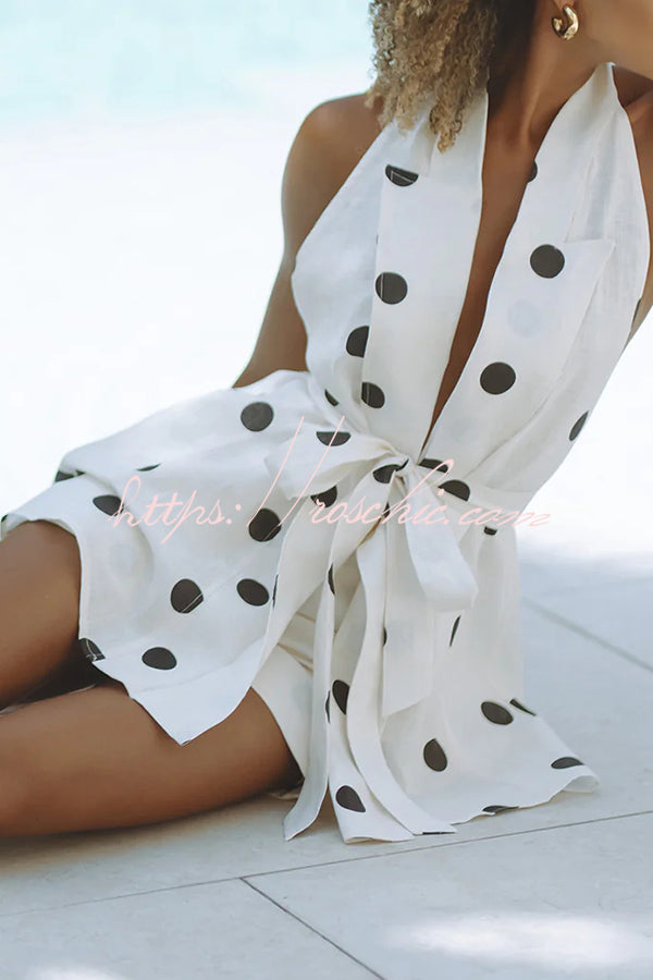 Linen Blend Polka Dot Halter Vest & Shorts Set with Belt
