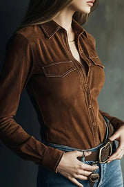 Women's Suede Long Sleeve Button-Down Shirt – Loose Fit