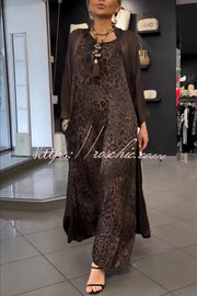 Satin Leopard Print Maxi Dress & Batwing Kimono Two-Piece Set