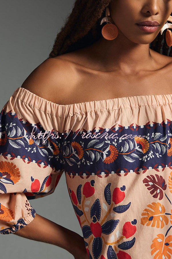 Printed Off-Shoulder Midi Dress with Pockets – Flowy Fit