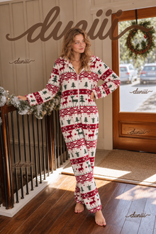 Christmas Reindeer Print Belted Long Robe with Antler Hood