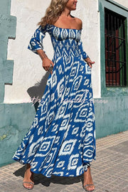 Ethnic Print Smocked Off Shoulder Maxi Dress with Pockets