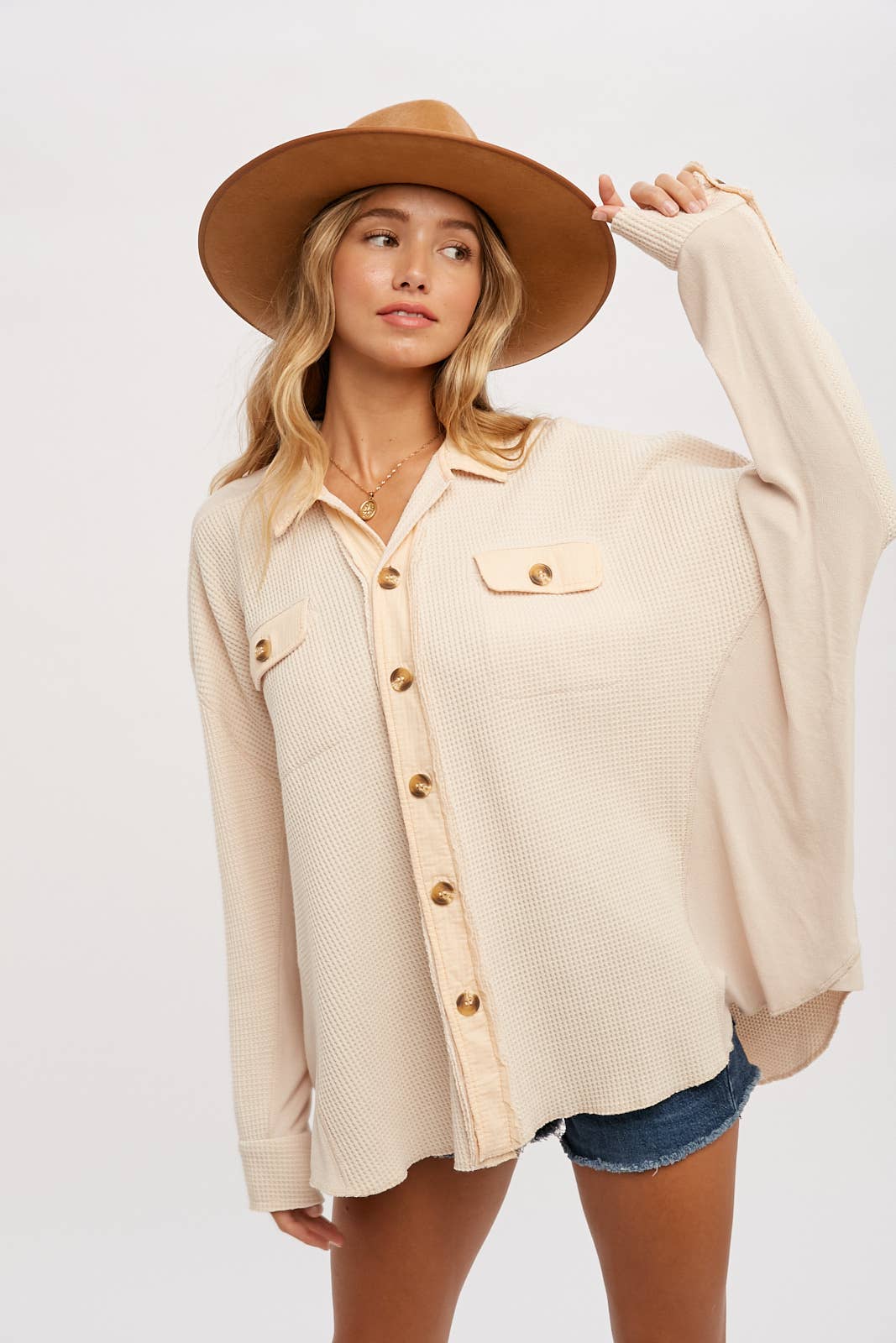 Women's Waffle Knit Shacket Batwing Sleeve Loose Fall Jacket Back to School