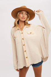 Women's Waffle Knit Shacket Batwing Sleeve Loose Fall Jacket Back to School