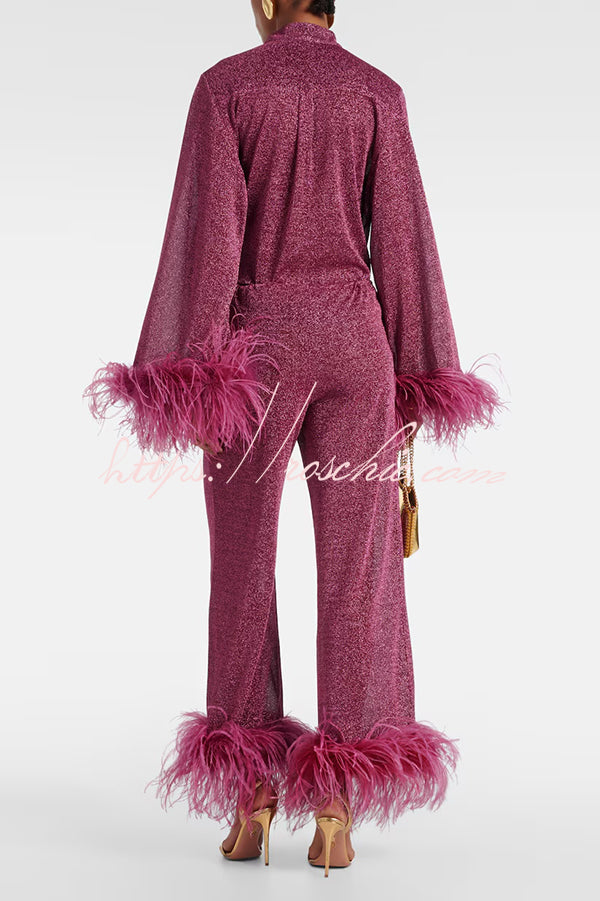 Glitter Feather Trim Two-Piece Lounge Set – Long Sleeve & Pants