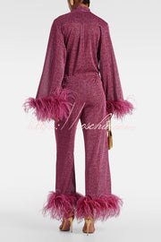 Glitter Feather Trim Two-Piece Lounge Set – Long Sleeve & Pants