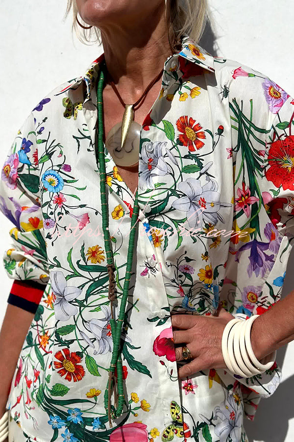 Blouse boutonnée surdimensionnée en satin à imprimé floral