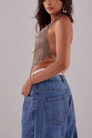 Sequin Embellished Halter Body Chain Vest