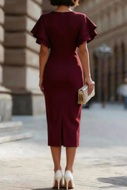 Ruffle Sleeve Midi Dress | Slim-Fit Round Neck Office Dress