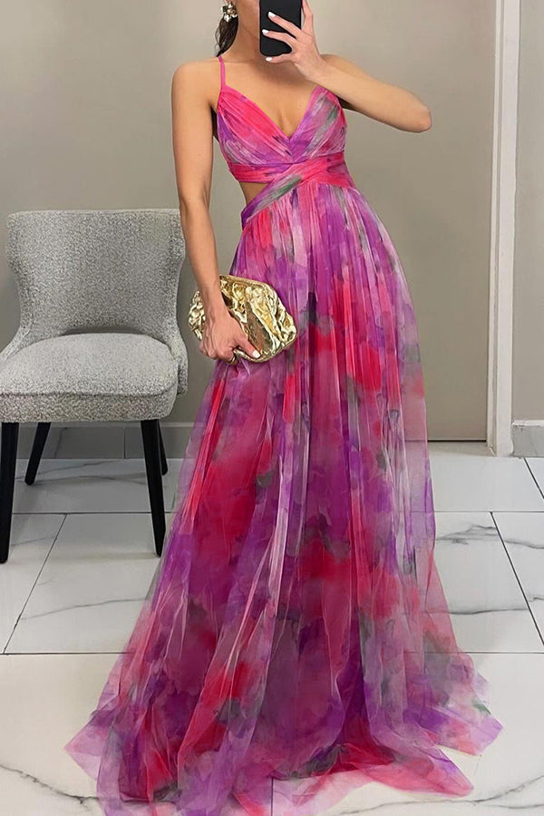 Floral Print Tulle Cutout Waist Lace-Up Maxi Dress