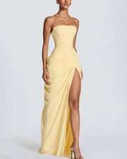 Strapless Ruched High Slit Corset Maxi Dress