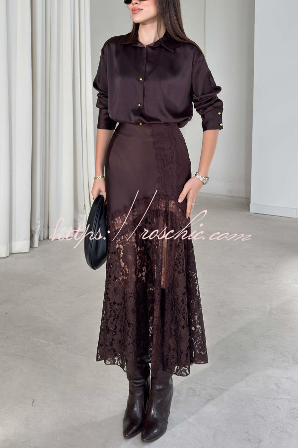 Silk Satin & Lace Spliced Maxi Skirt | Elegant Vacation Style