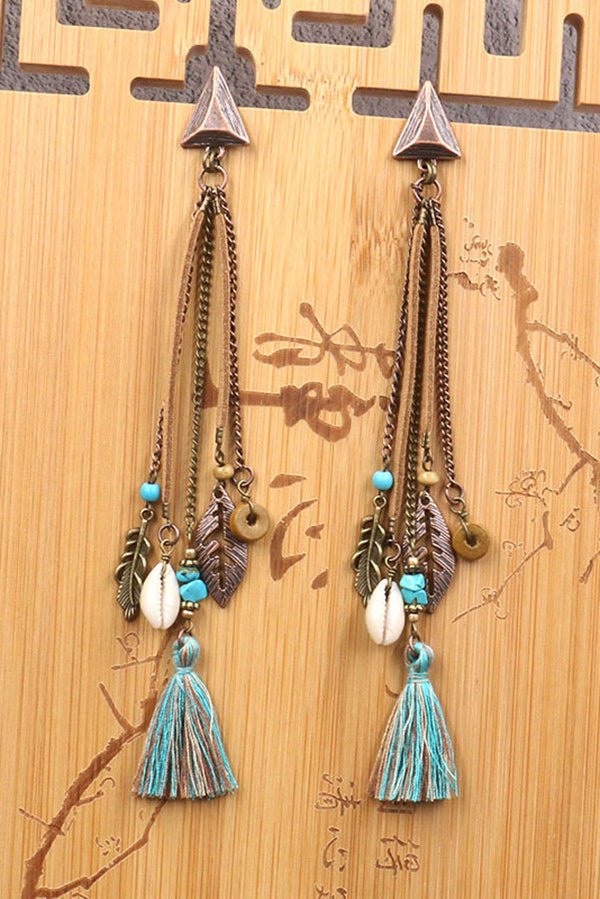Retro Tassel Shell Leaf Drop Earrings with Long Fringe