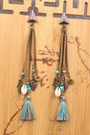 Retro Tassel Shell Leaf Drop Earrings with Long Fringe