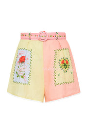 Linen Blend Printed Short Sleeve Shirt & Belted Shorts Set