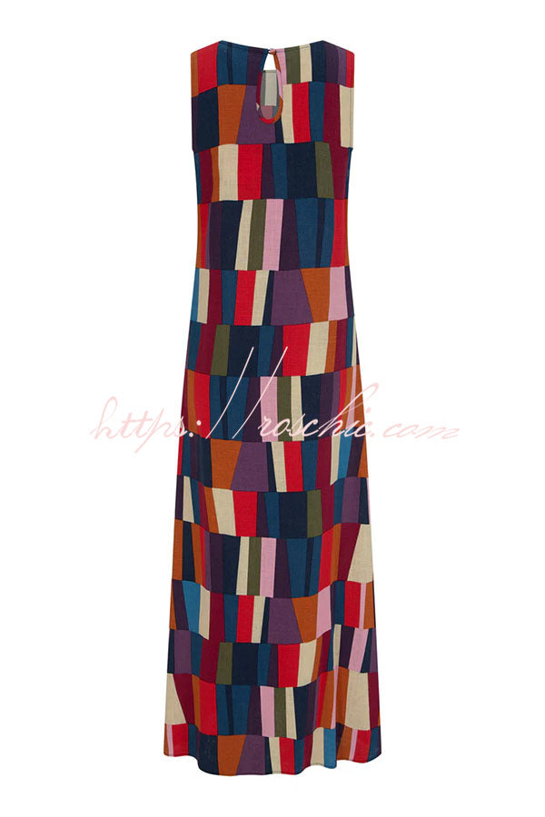 Linen Blend Color Block Sleeveless Maxi Dress